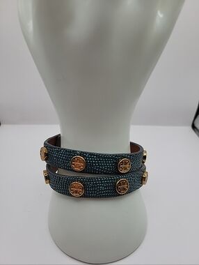 Tory Burch Blue Green Teal Double Wrap Bracelet Icon,saffiano Leather Band.